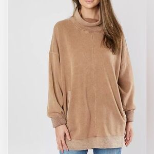 FREE PEOPLE TOO EASY TUNIC BROWN TURTLENECK PULLOVER SWEATSHIRT WOMENS SZ XS